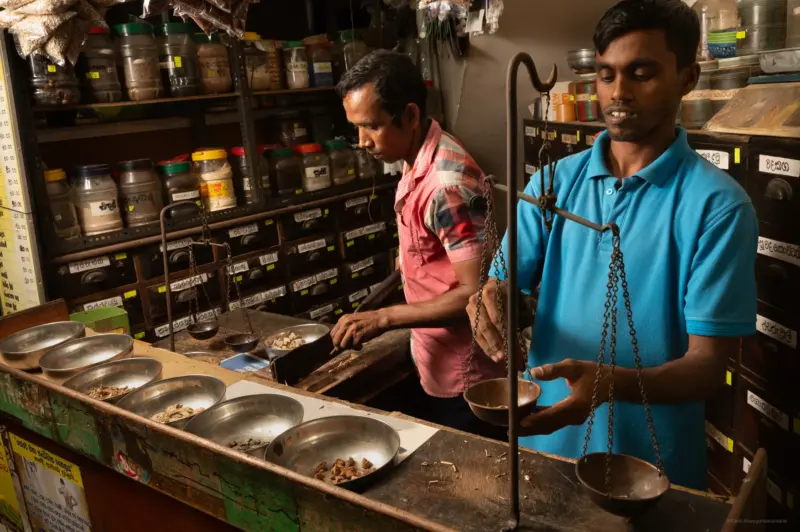 Two men at work at a traditional medical dispensary - Battaramulla, Sri Lanka