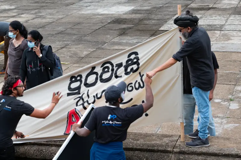 Protesters getting ready for the march at the Artist's Protest during the Sri Lankan uprising of 2022