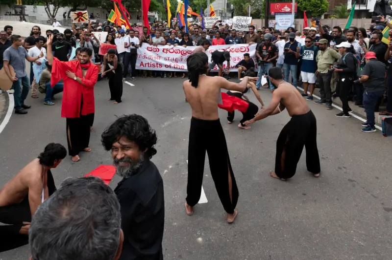 A group of actors performs for the crowd at the Artist's Protest during the Sri Lankan uprising of 2022