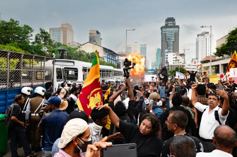 Protesters demonstrating in front of prime minister's residence 'Temple Trees' during the Sri Lankan uprising of 2022