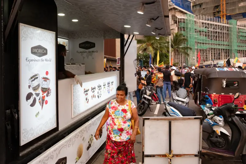 An ice cream truck of the upmarket brand IMORICH parked at the Galle Face protest site during the Sri Lankan uprising of 2022